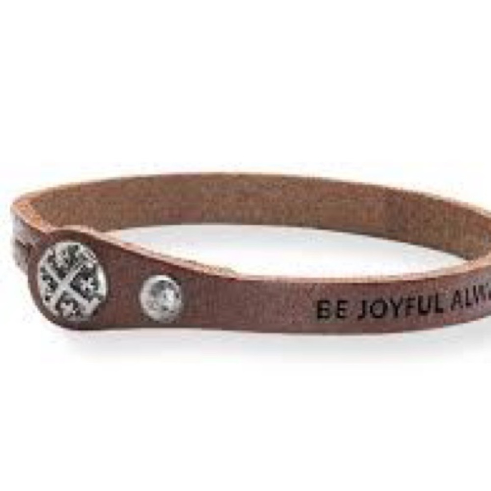 Premier Designs Be Joyful Brown Leather Bracelet with Inspirational Text NWOT